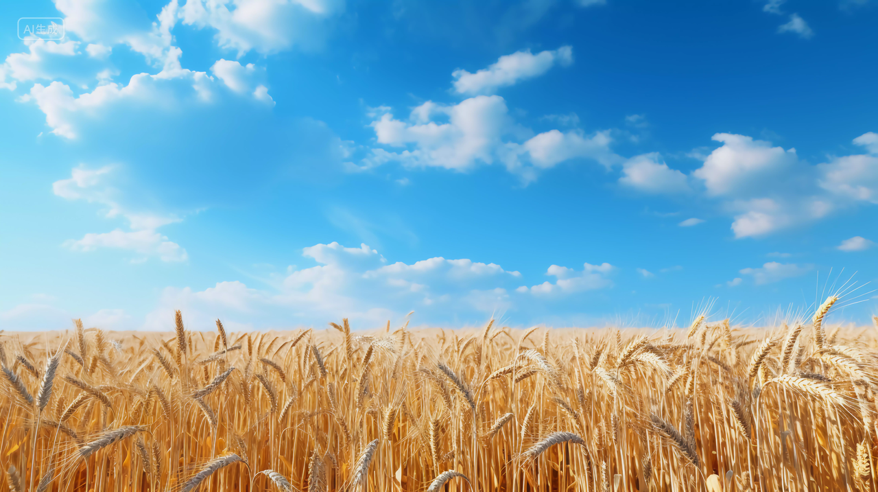 蓝天下丰收的麦田农作物谷物秋收的麦田麦穗小麦图芒种节气农民大丰收