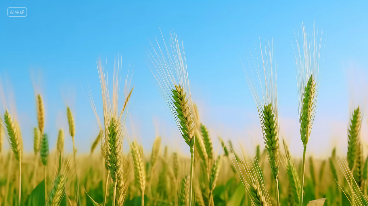 小满早晨阳光下的青色小麦农作物谷物秋收的麦田麦穗小麦图芒种节气农民大丰收