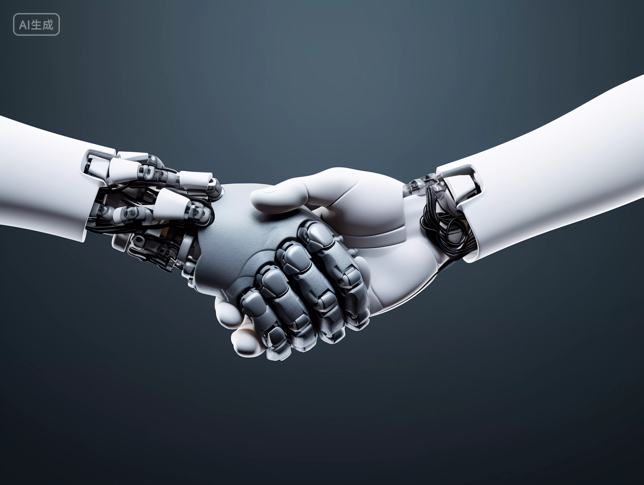 人工智能AI未来科技机械手臂3D机器人手技术和科学概念机器人握手双方合作共赢