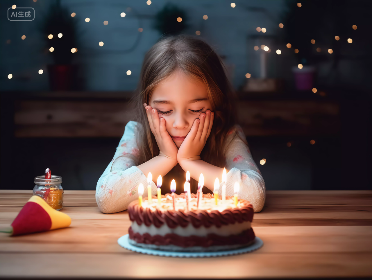 小女孩闭着眼睛许愿生日庆祝祝福生日快乐生日蛋糕HAPPY BIRTHDAY小女孩吹蜡烛