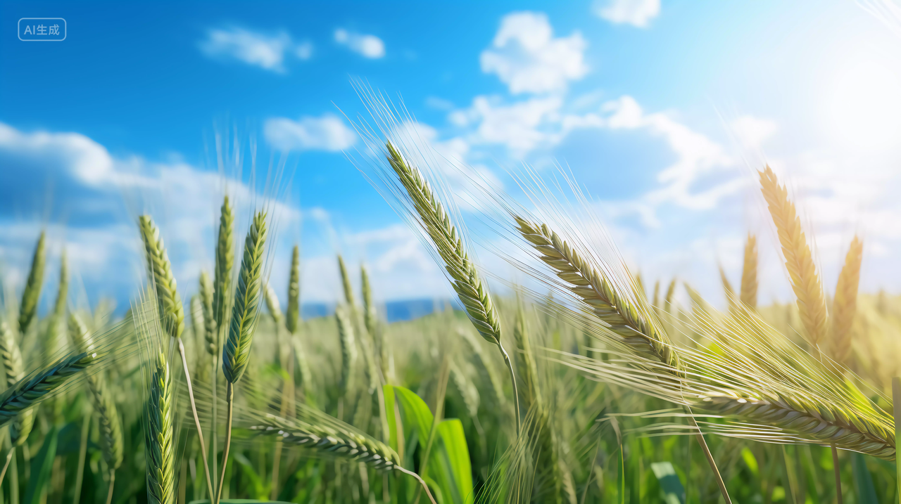 早晨阳光下的青色小麦农作物谷物秋收的麦田麦穗小麦图芒种节气农民大丰收 二十四节气小满