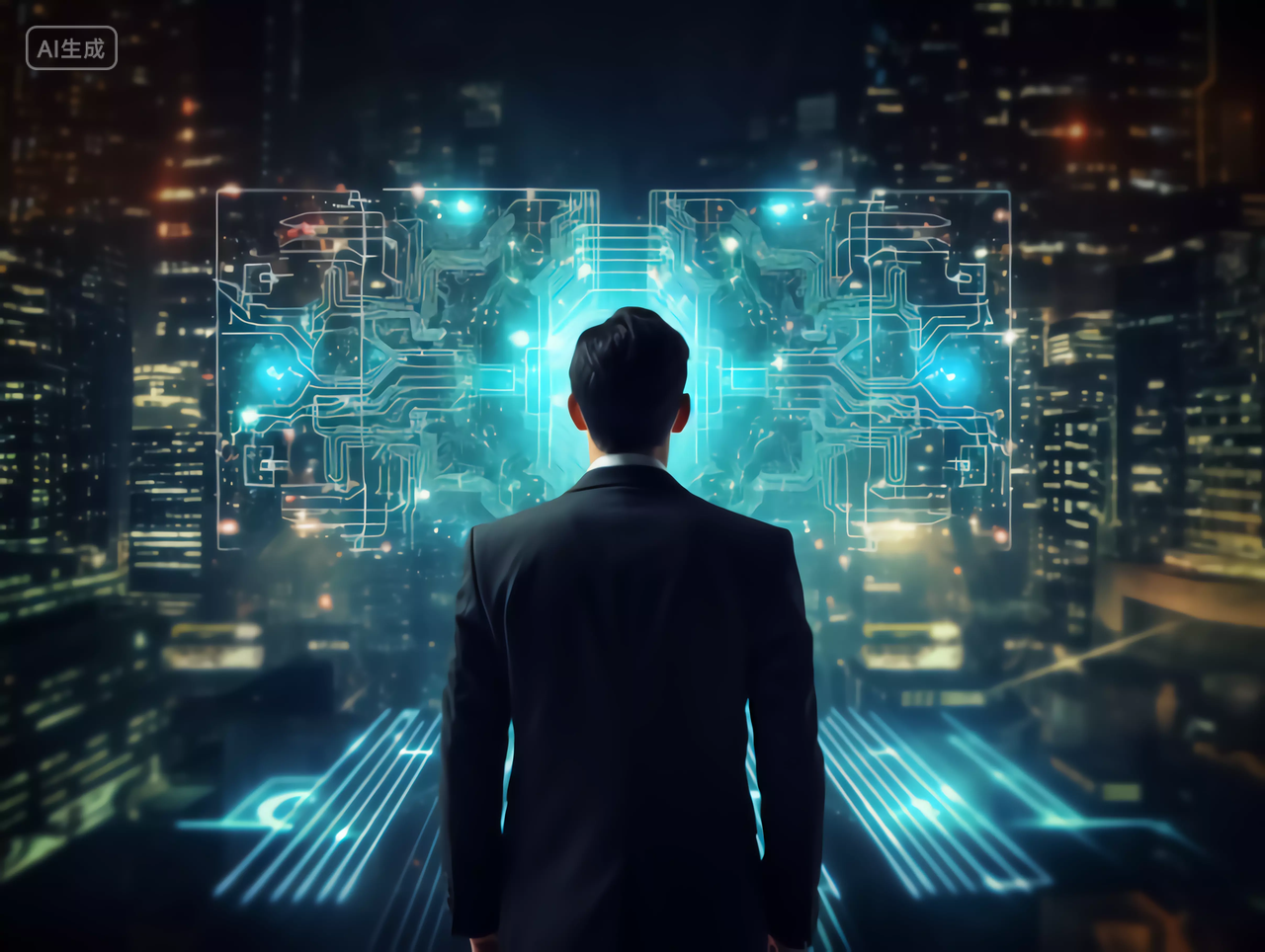 男商人商务男士背影与科技芯片电路全息图商业未来大数据概念