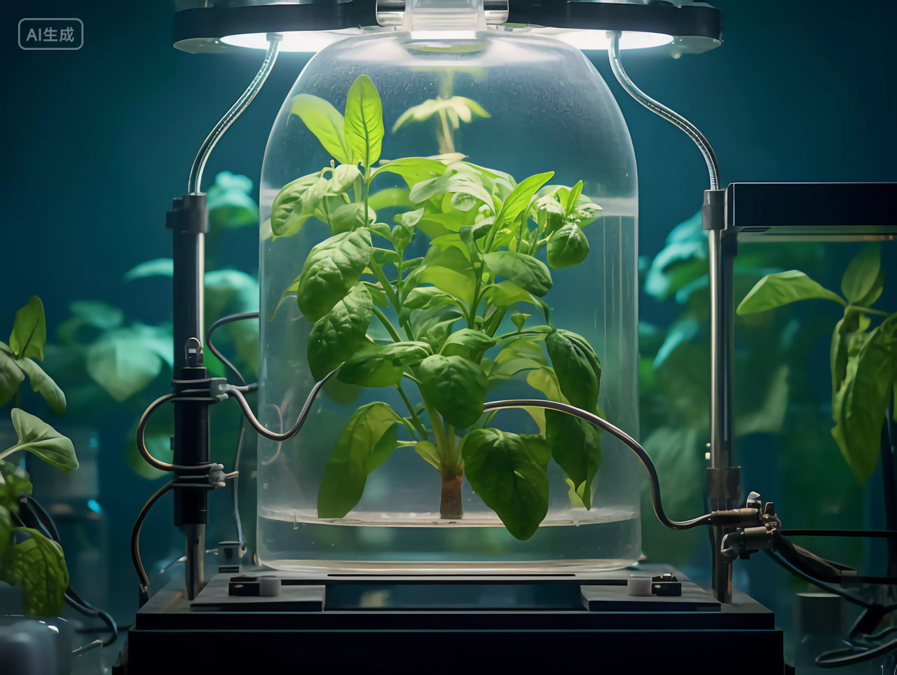 农业科技微型实验室中农业植物农作物种植机在玻璃罩中观察培育生长情况场景图