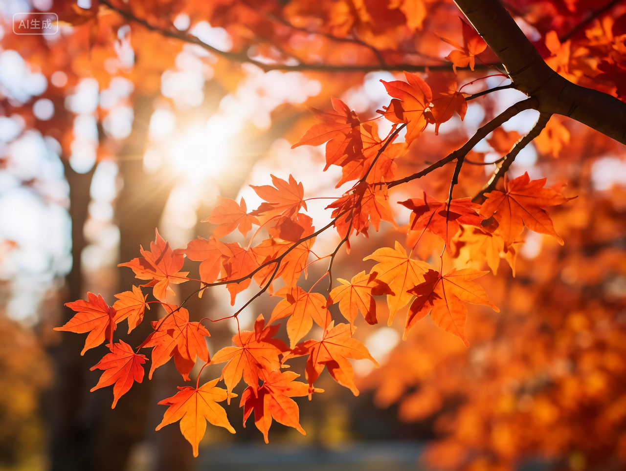立秋阳光照耀下的金黄色枫树枫叶浪漫秋天风景壁纸