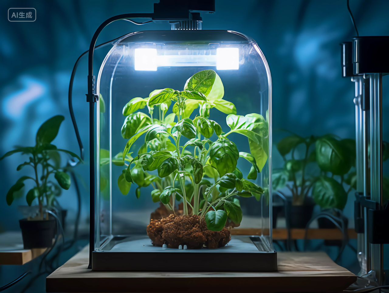 农业科技微型实验室中农业植物农作物种植机在玻璃罩中观察培育生长情况场景图