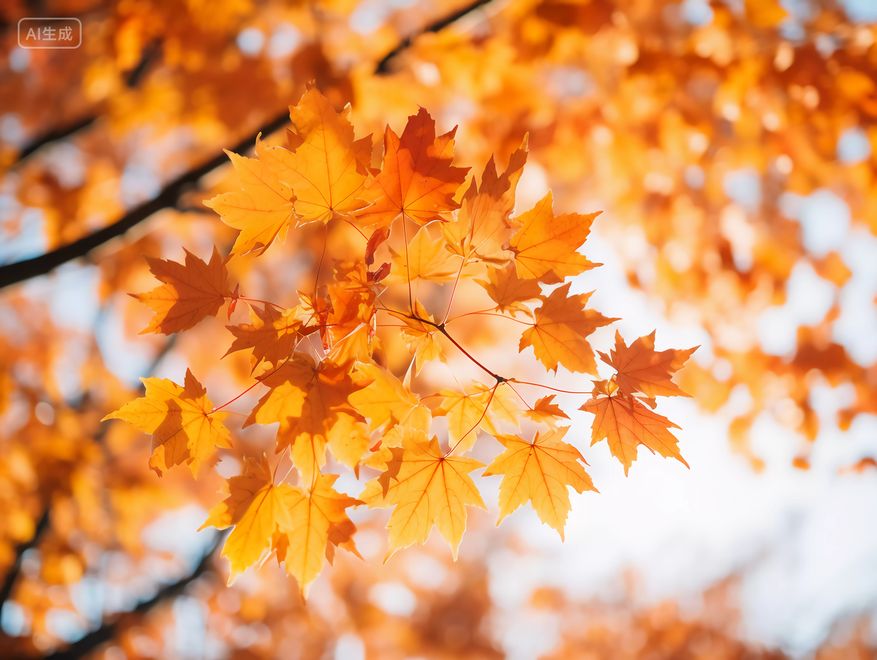 立秋阳光照耀下的金黄色枫树枫叶浪漫秋天风景壁纸