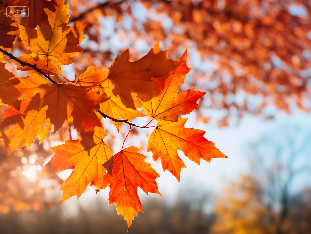 立秋阳光照耀下的金黄色枫树枫叶浪漫秋天风景壁纸