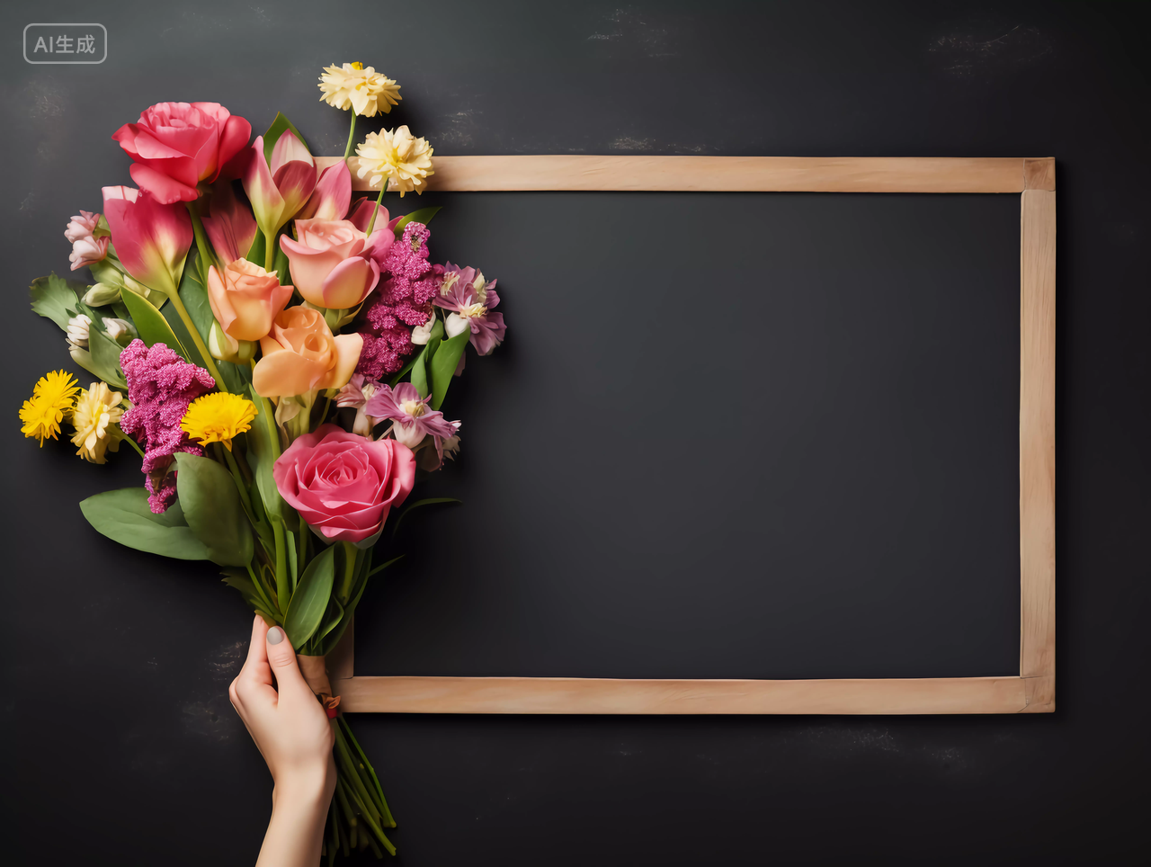 在黑板前手举鲜花花束教师节快乐感恩老师活动师生教育