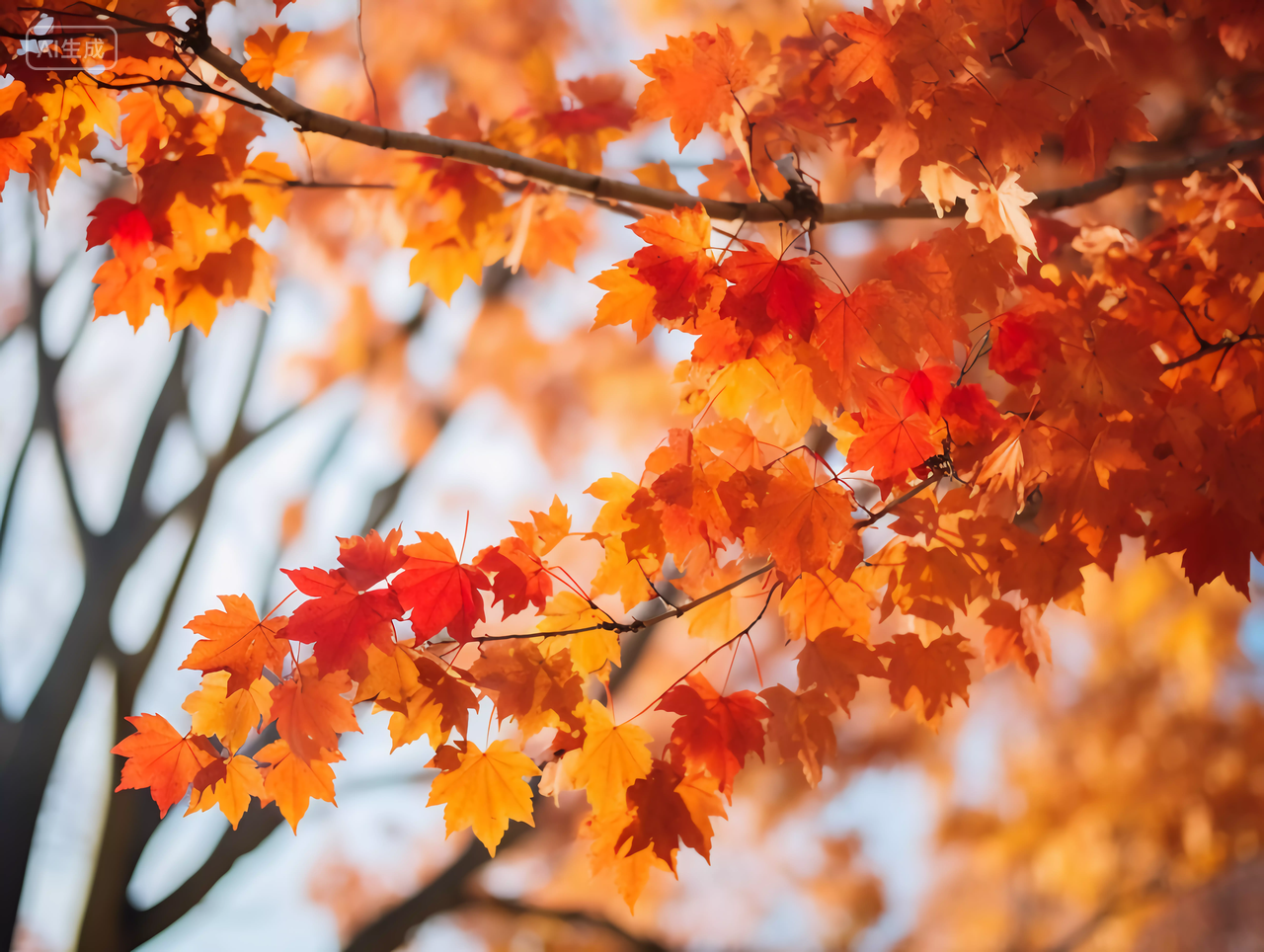 立秋阳光照耀下的金黄色枫树枫叶浪漫秋天风景壁纸