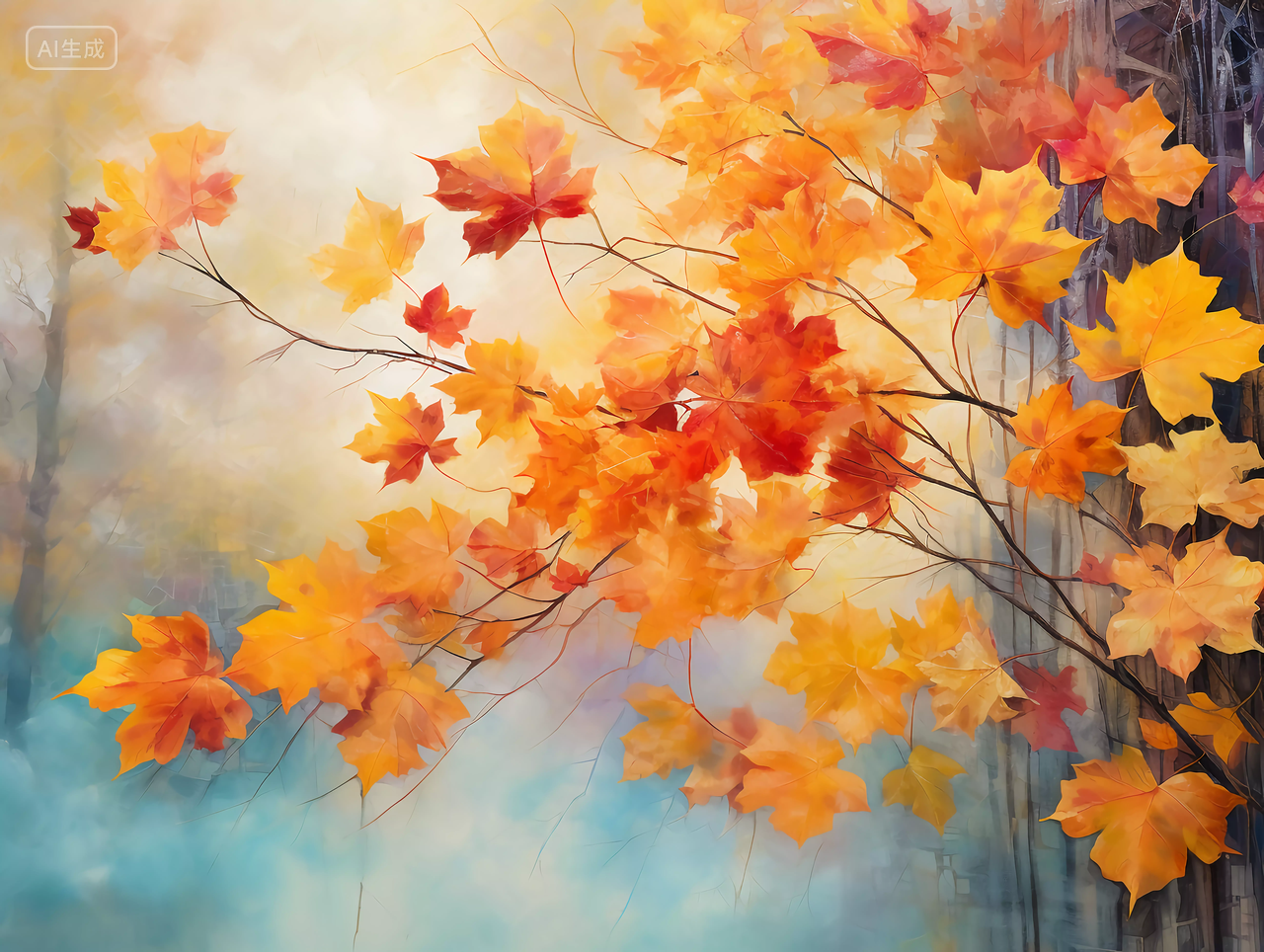 立秋阳光照耀下的金黄色枫树枫叶浪漫秋天风景壁纸