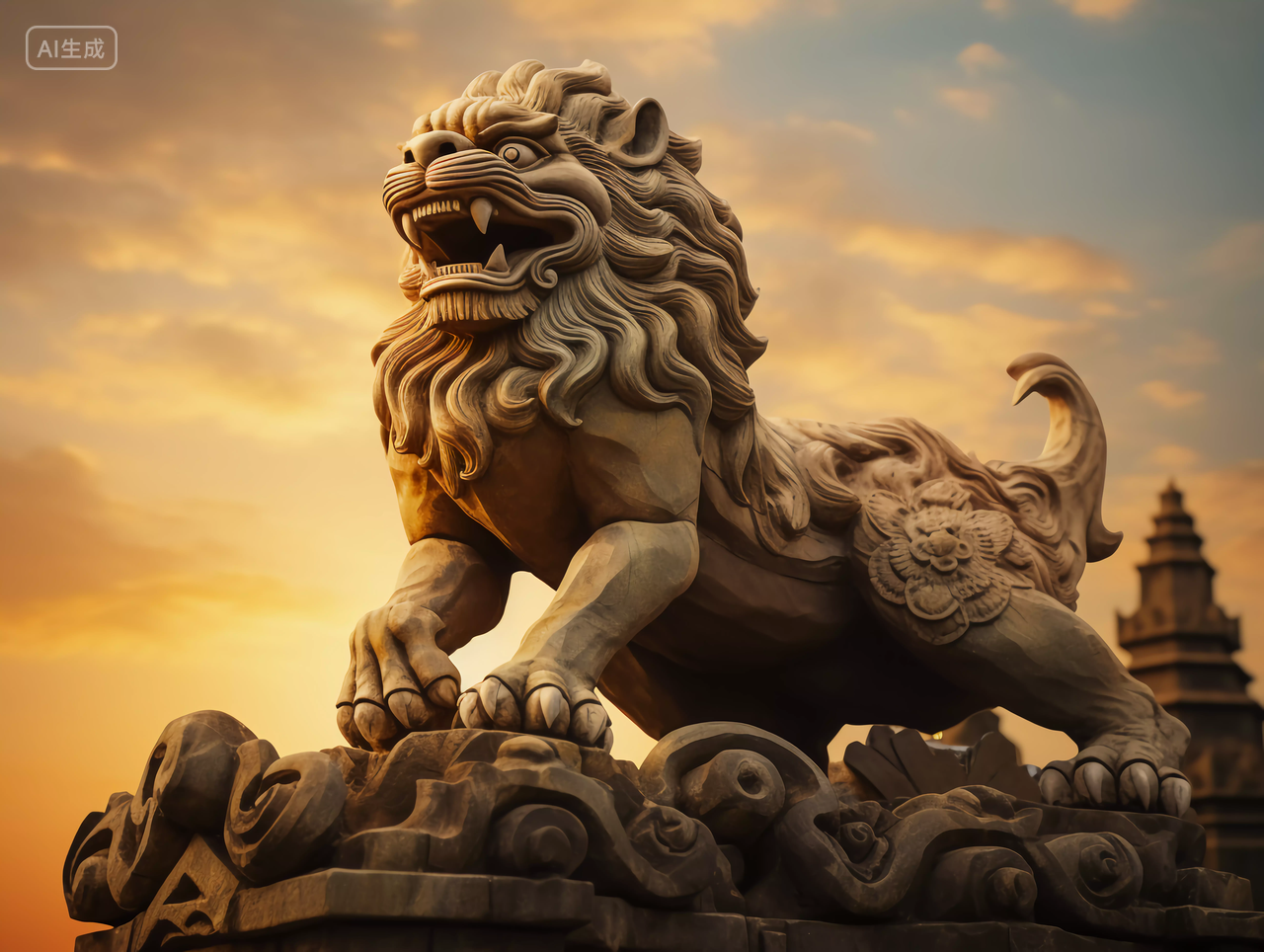 雄伟气派的中国石狮子雕像建军节素材图