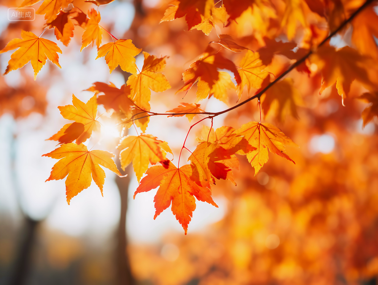 立秋阳光照耀下的金黄色枫树枫叶浪漫秋天风景壁纸