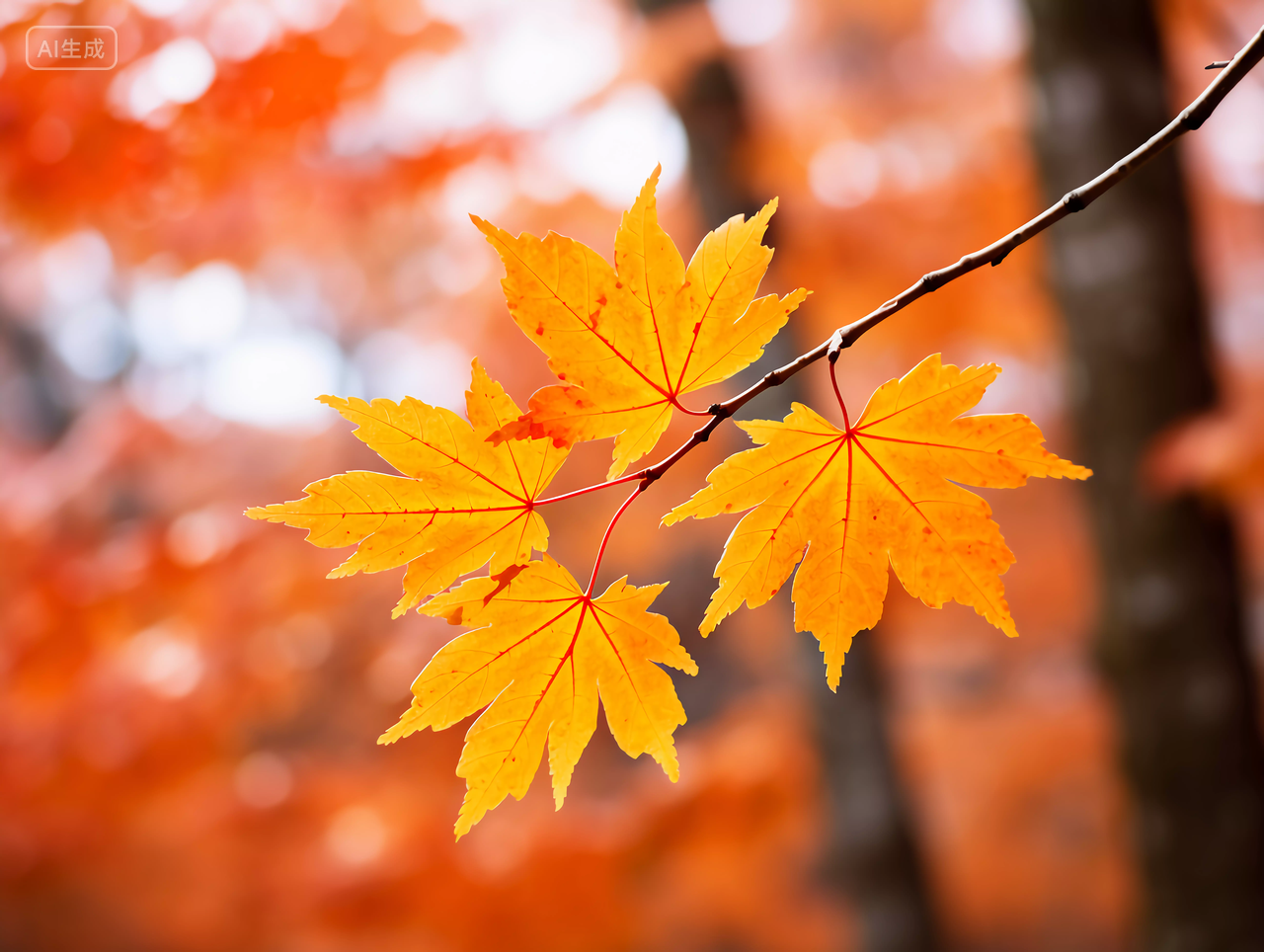 立秋阳光照耀下的金黄色枫树枫叶浪漫秋天风景壁纸