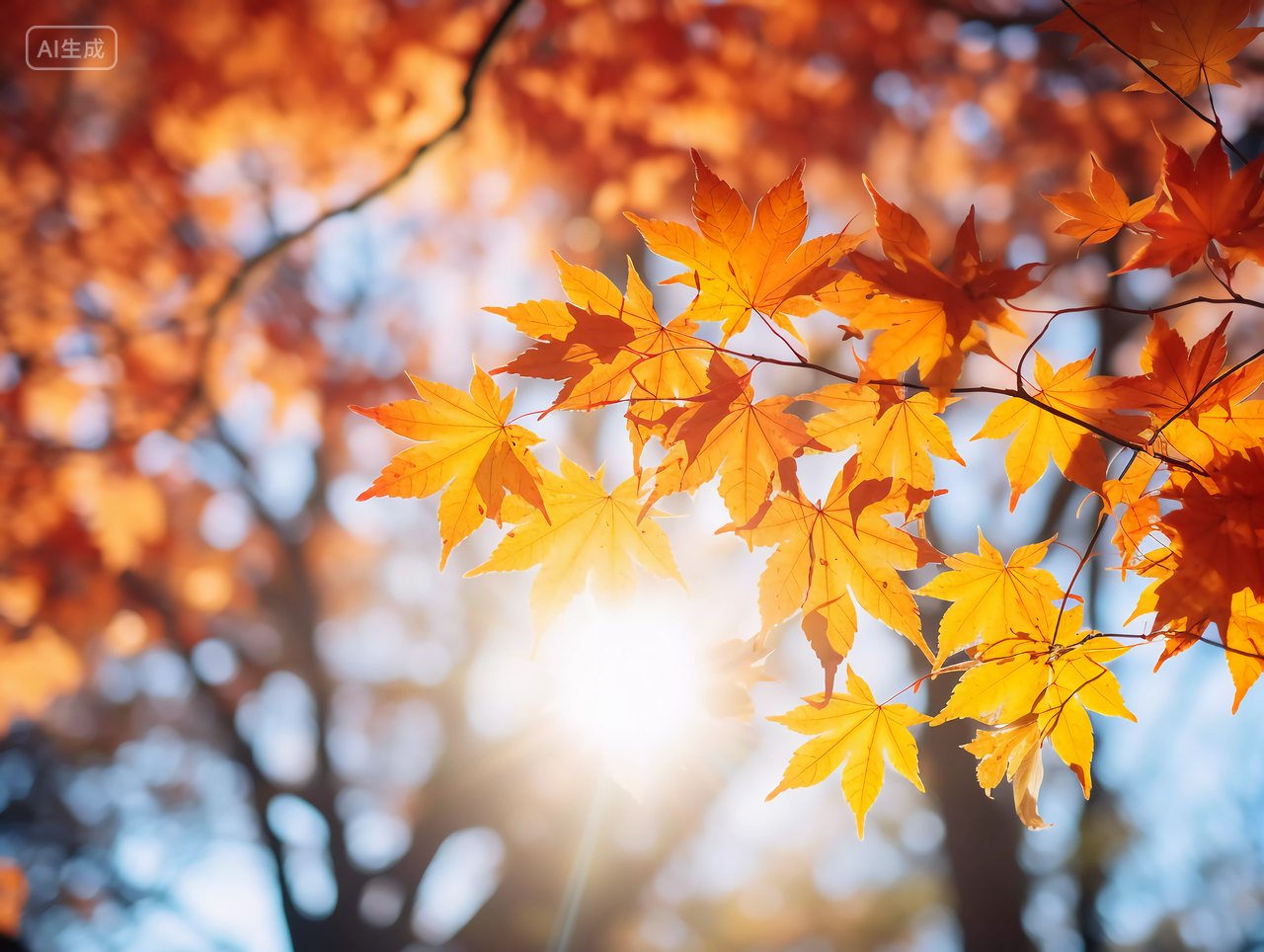 立秋阳光照耀下的金黄色枫树枫叶浪漫秋天风景壁纸