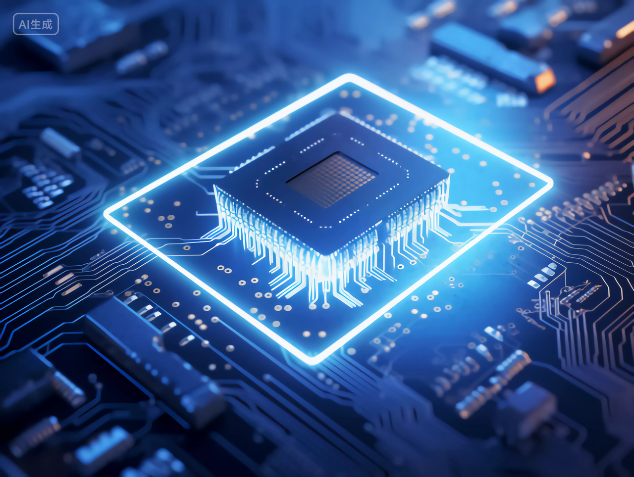 蓝色发光纹路的大气感科技芯片5G6G工业商业电子行业C4D大数据芯片图