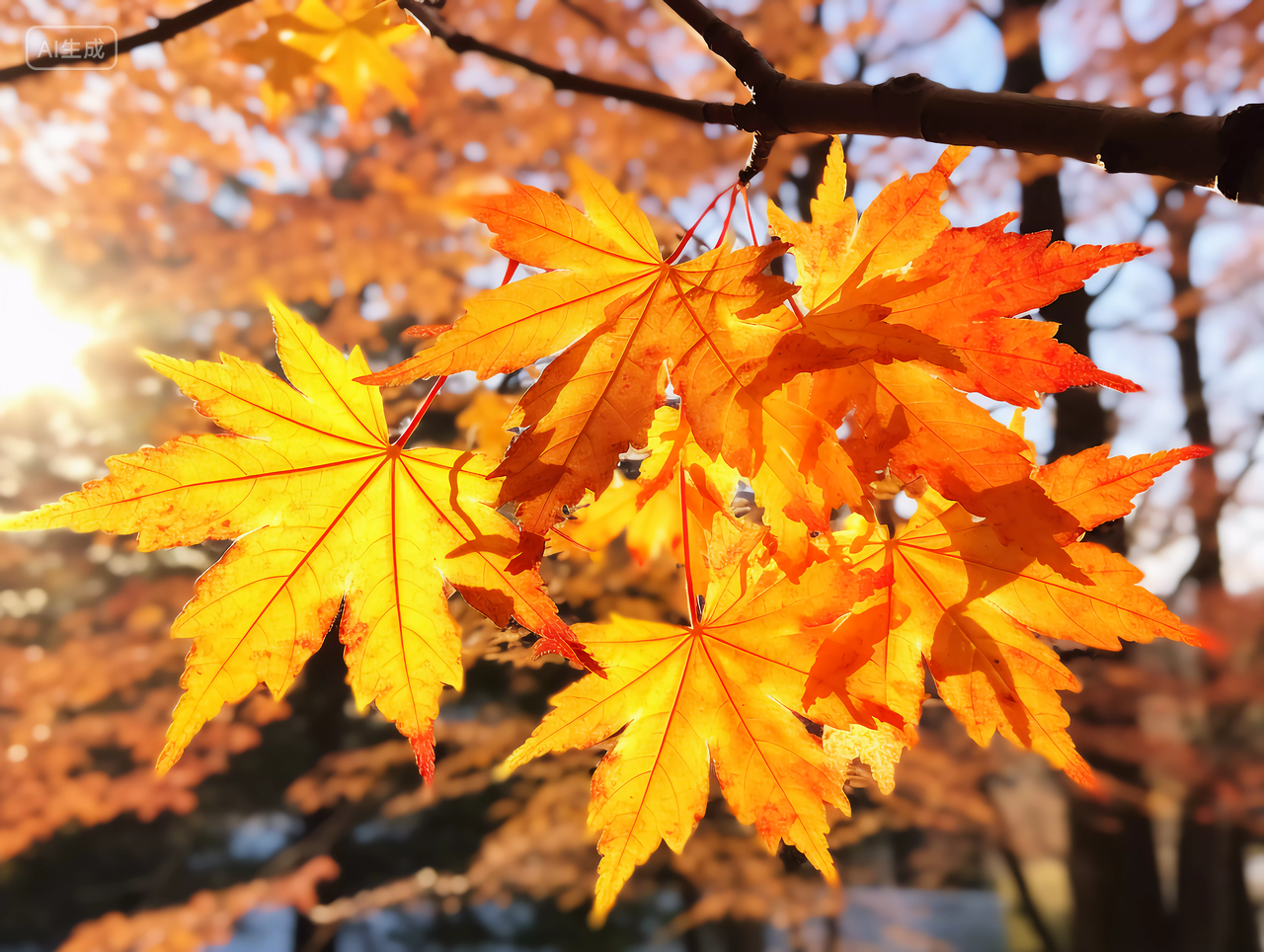立秋阳光照耀下的金黄色枫树枫叶浪漫秋天风景壁纸