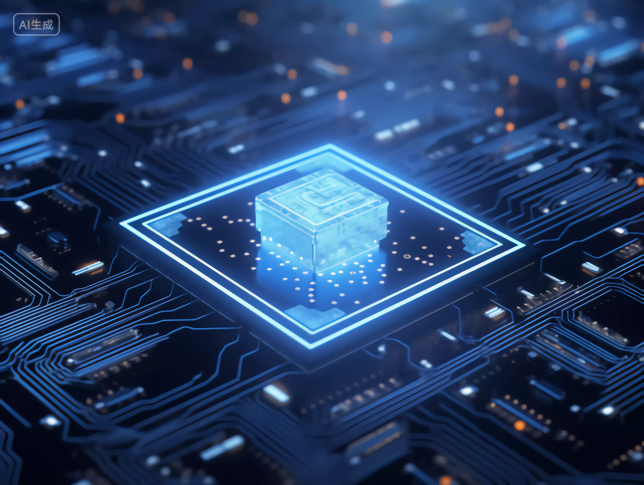 蓝色发光纹路的大气感科技芯片5G6G工业商业电子行业C4D大数据芯片图