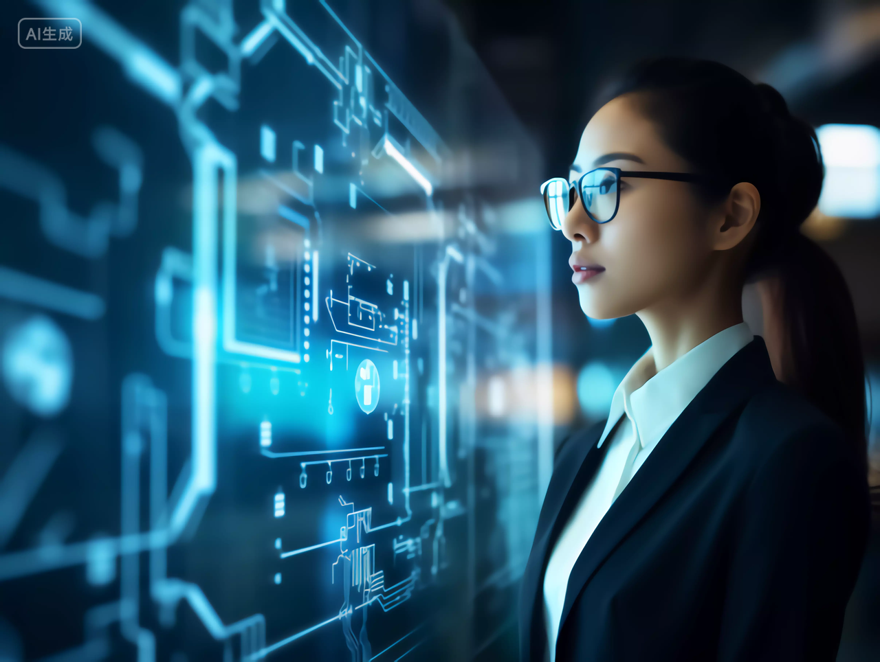 女商人商务女士侧身观测科技芯片电路全息图未来大数据概念图