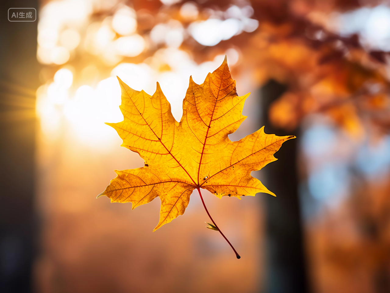 立秋阳光照耀下的金黄色枫树枫叶浪漫秋天风景壁纸