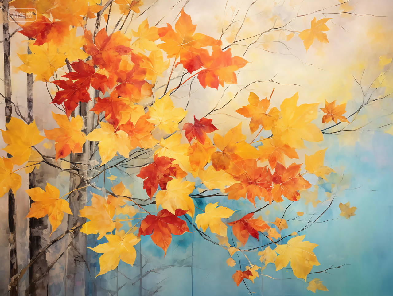 立秋阳光照耀下的金黄色枫树枫叶浪漫秋天风景壁纸