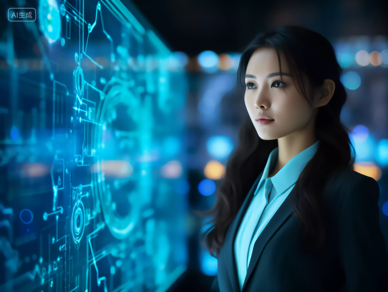 女商人商务女士侧身观测科技芯片电路全息图未来大数据概念图