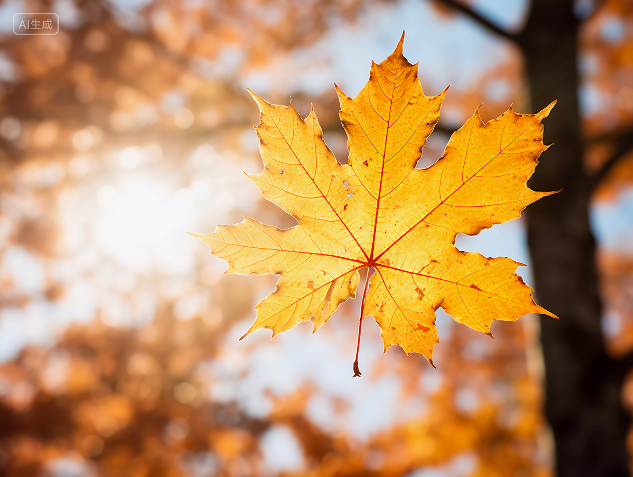 立秋阳光照耀下的金黄色枫树枫叶浪漫秋天风景壁纸