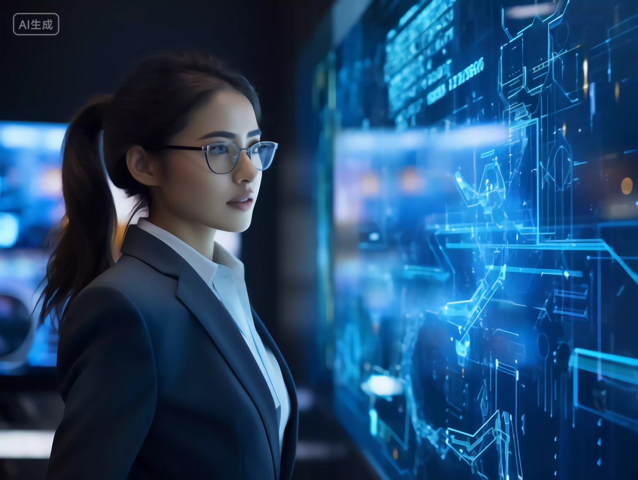 女商人商务女士侧身观测科技芯片电路全息图未来大数据概念图