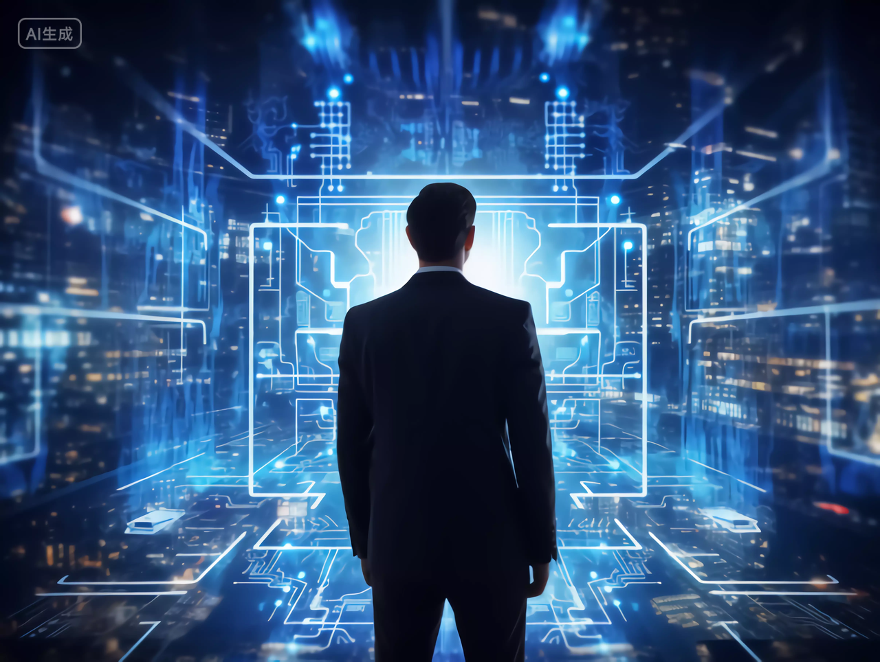 男商人商务男士背影与科技芯片电路全息图商业未来大数据概念