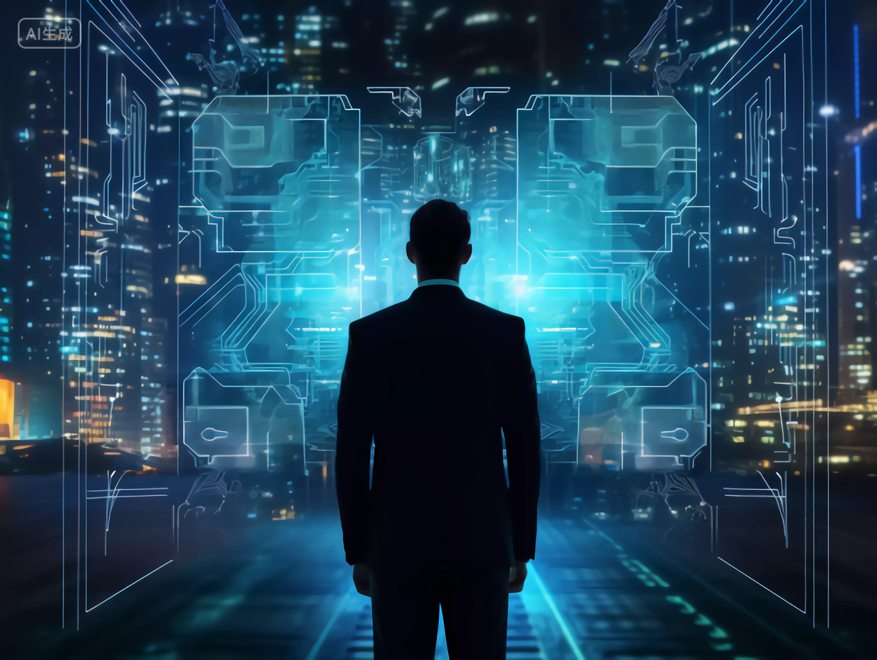 男商人商务男士背影与科技芯片电路全息图商业未来大数据概念