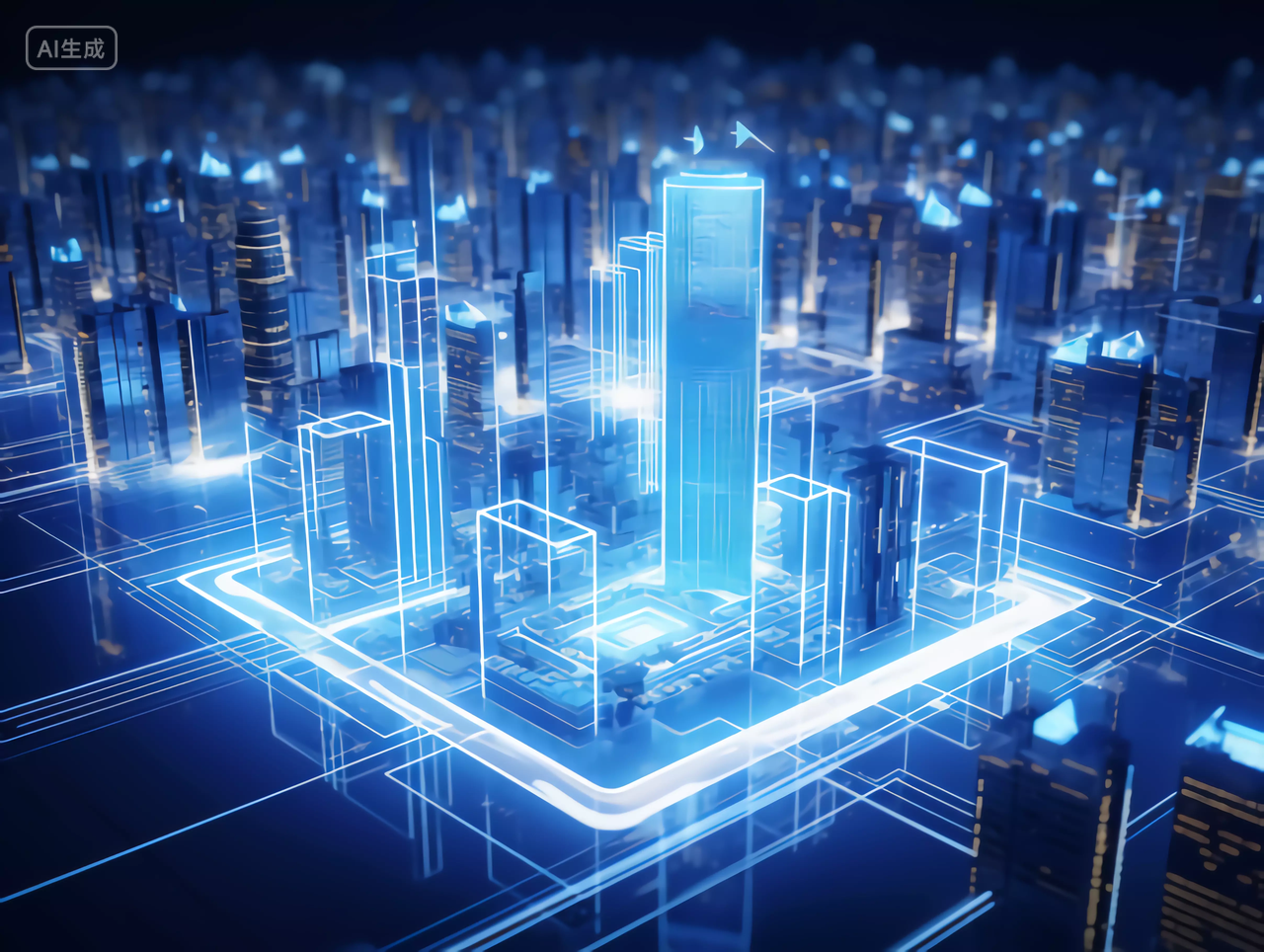 金融科技芯片上的芯片城市3D渲染建模概念图