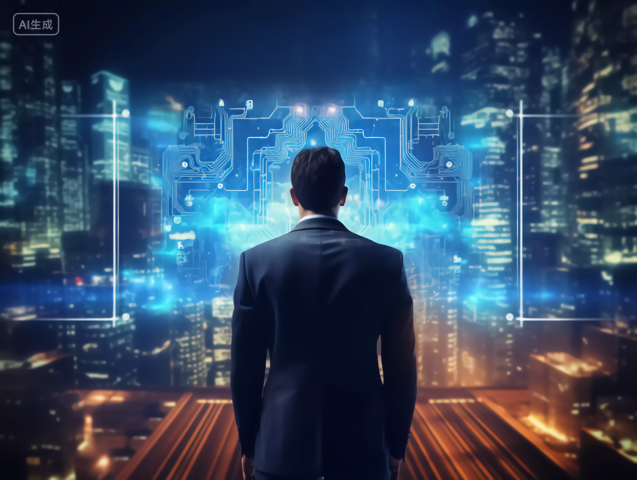 男商人商务男士背影与科技芯片电路全息图商业未来大数据概念