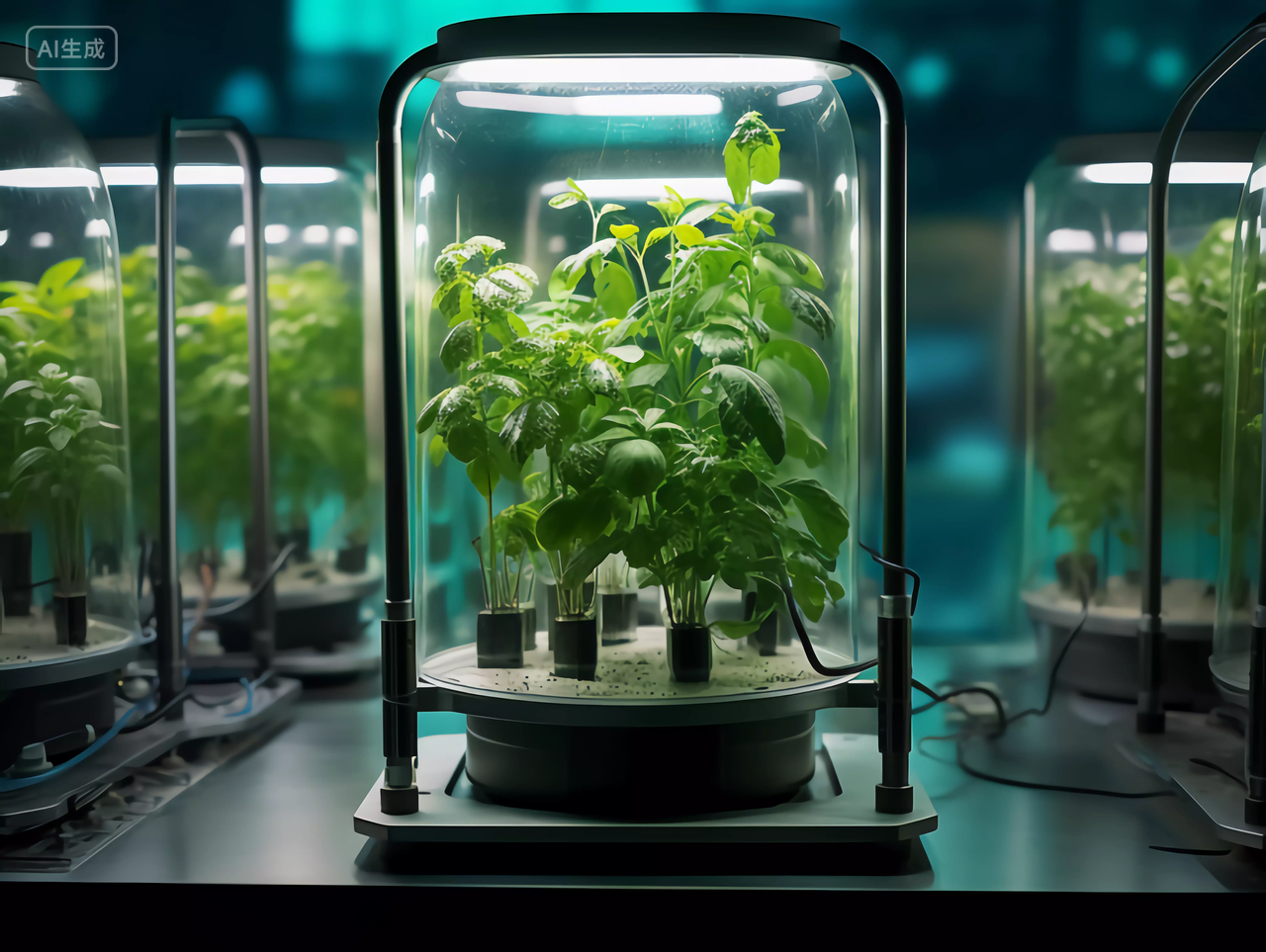 农业科技微型实验室中农业植物农作物种植机在玻璃罩中观察培育生长情况场景图