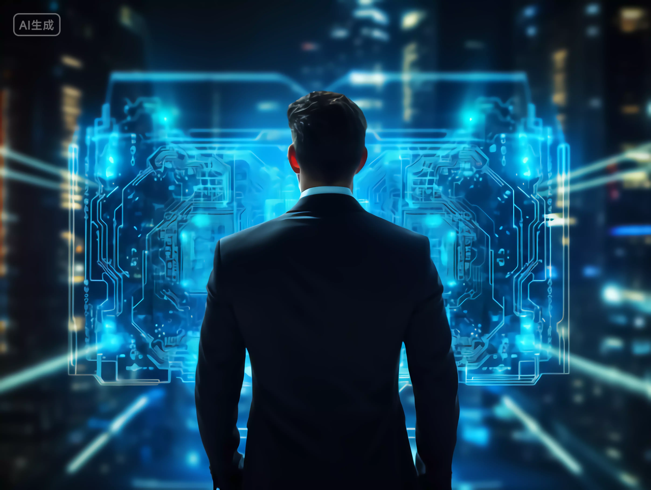 男商人商务男士背影与科技芯片电路全息图商业未来大数据概念