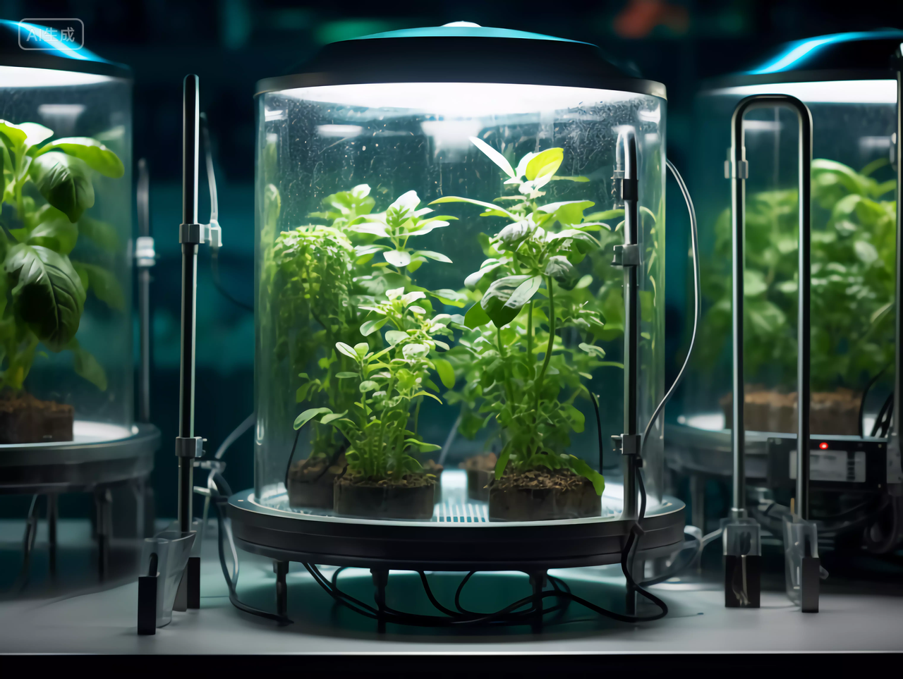 农业科技微型实验室中农业植物农作物种植机在玻璃罩中观察培育生长情况场景图