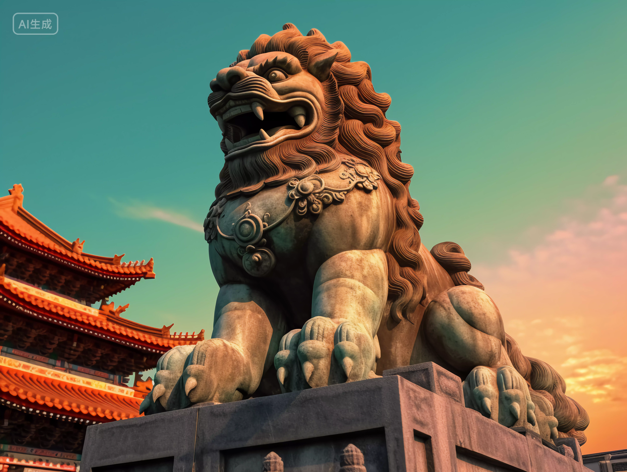 雄伟气派的中国石狮子雕像建军节素材图