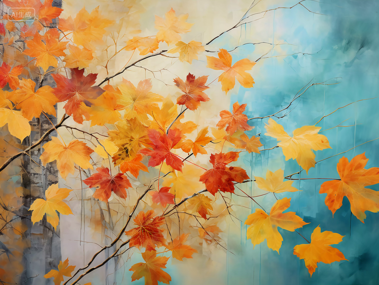 立秋阳光照耀下的金黄色枫树枫叶浪漫秋天风景壁纸