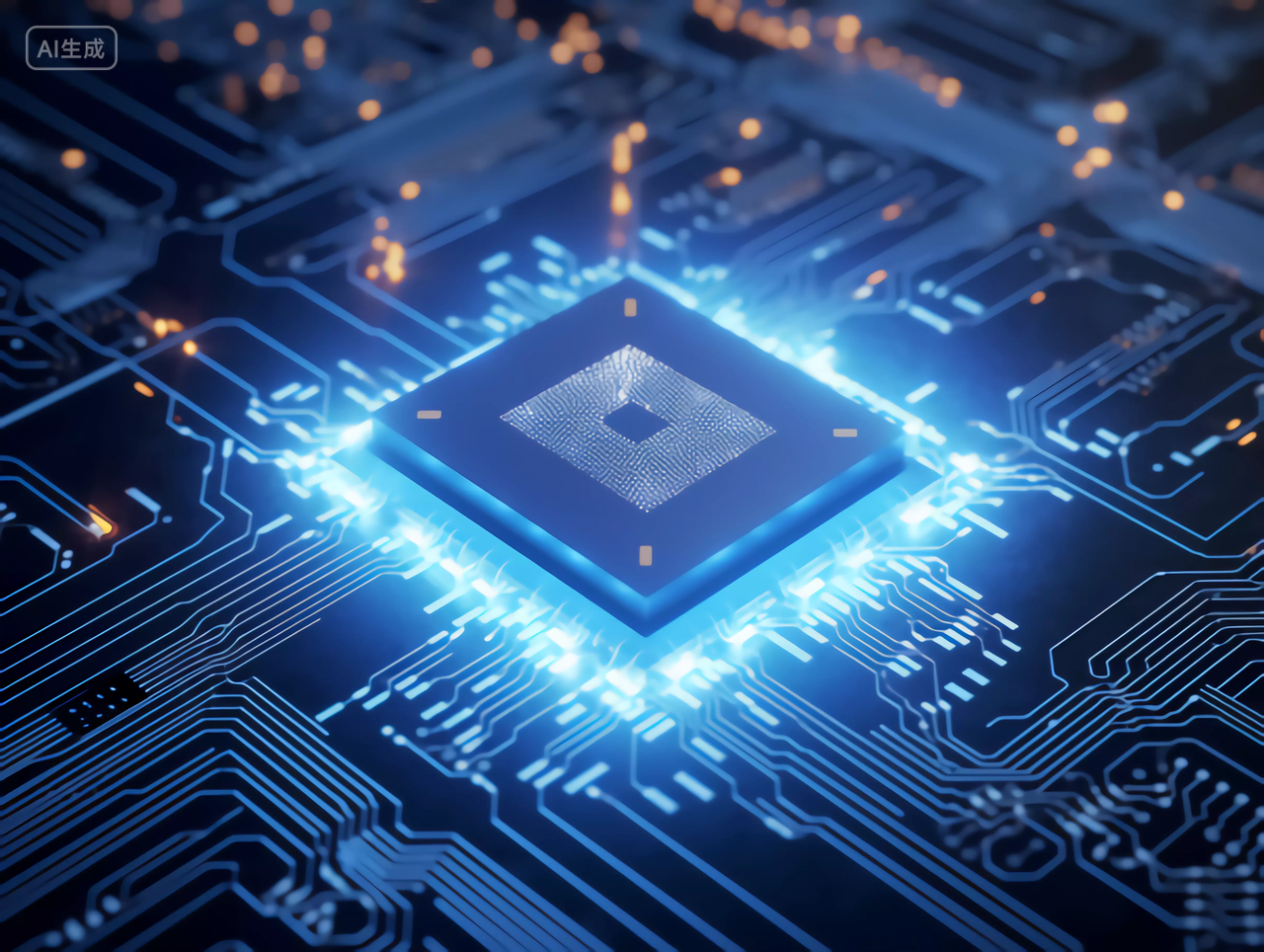蓝色发光纹路的大气感科技芯片5G6G工业商业电子行业C4D大数据芯片图