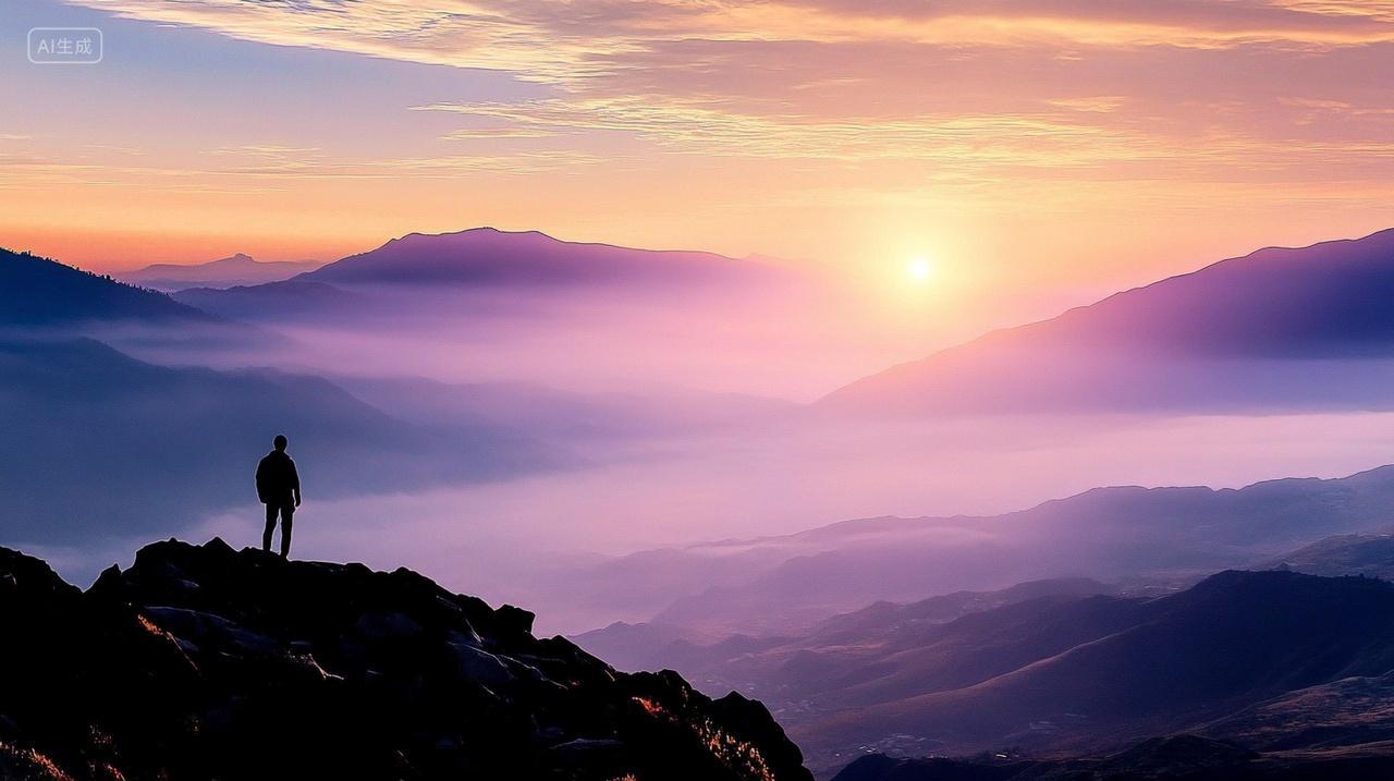 旅行者在山顶上看日出