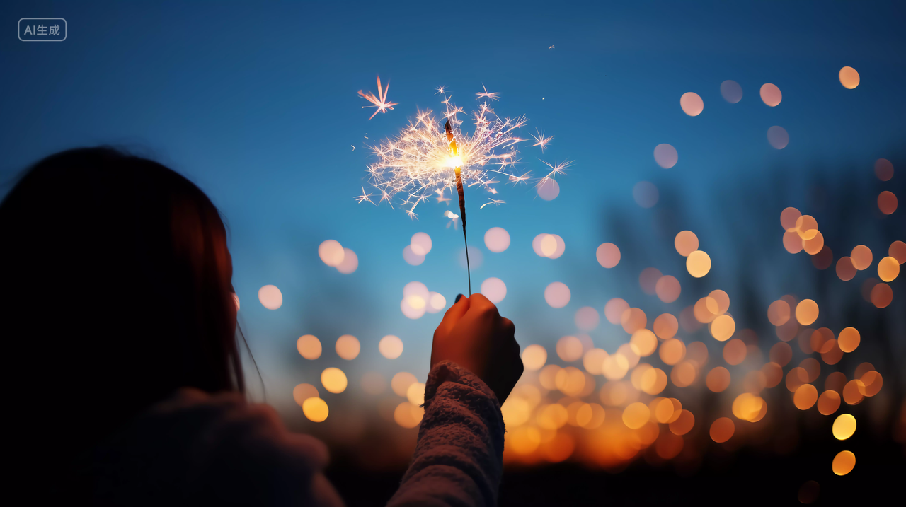 手拿一根仙女棒特写镜头放烟花浪漫场景庆祝喜庆节唯美壁纸