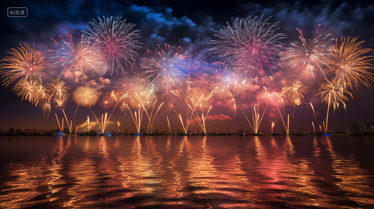 江边成排绽放的烟花表演照亮夜空绚丽烟花五颜六色焰火新年庆祝喜庆国庆节