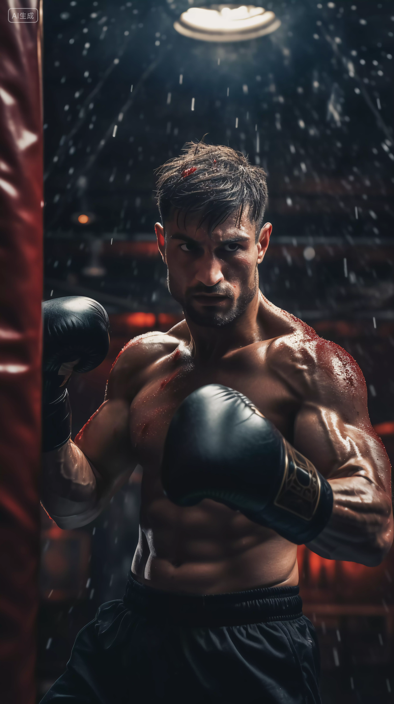 男子拳击运动肌肉发达的男人打沙袋健身肌肉训练拳击手男拳击手拳套