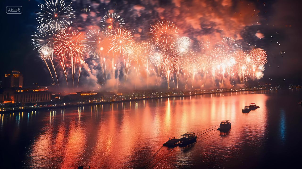 江边成排绽放的烟花表演照亮夜空绚丽烟花五颜六色焰火新年庆祝喜庆国庆节