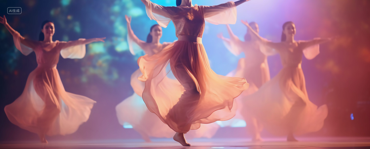 舞蹈一群美女跳现代舞群舞年轻美丽的舞者在舞台伸着胳膊手臂跳舞姿态优雅轻快