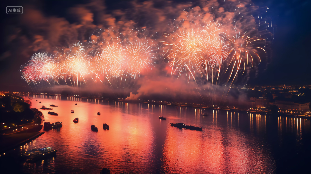 江边成排绽放的烟花表演照亮夜空绚丽烟花五颜六色焰火新年庆祝喜庆国庆节