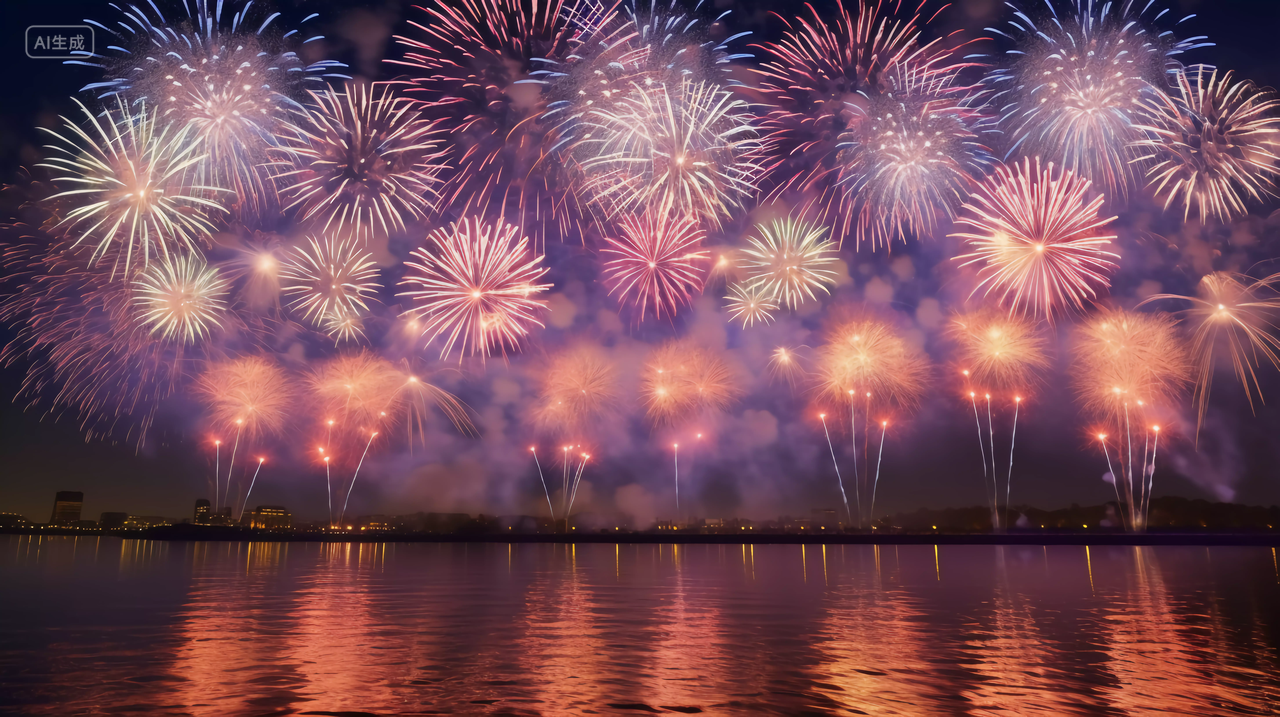 江边成排绽放的烟花表演照亮夜空绚丽烟花五颜六色焰火新年庆祝喜庆国庆节