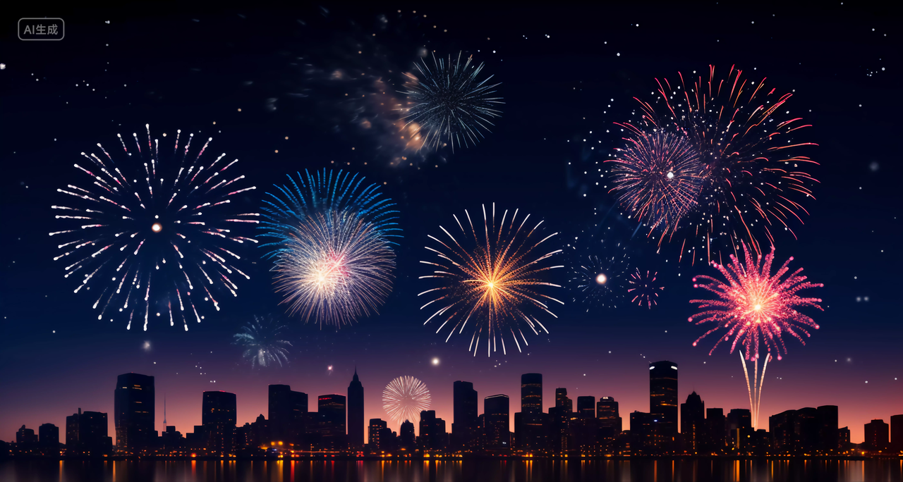 城市建筑上空绽放的绚丽烟花五颜六色焰火新年庆祝喜庆国庆节