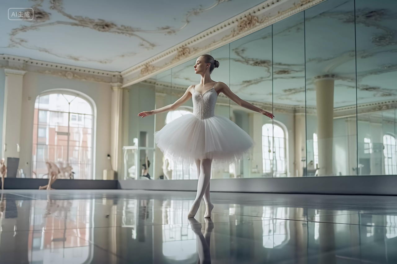 舞蹈美女在舞台上舞蹈室优雅地跳着单人芭蕾舞仙气飘飘