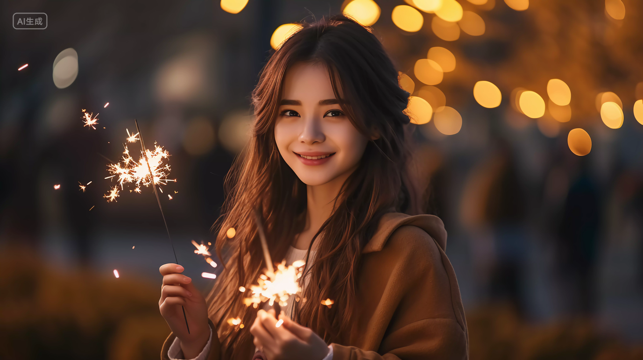 漂亮美女在夜晚放仙女棒玩烟花浪漫场景庆祝喜庆国庆节唯美壁纸