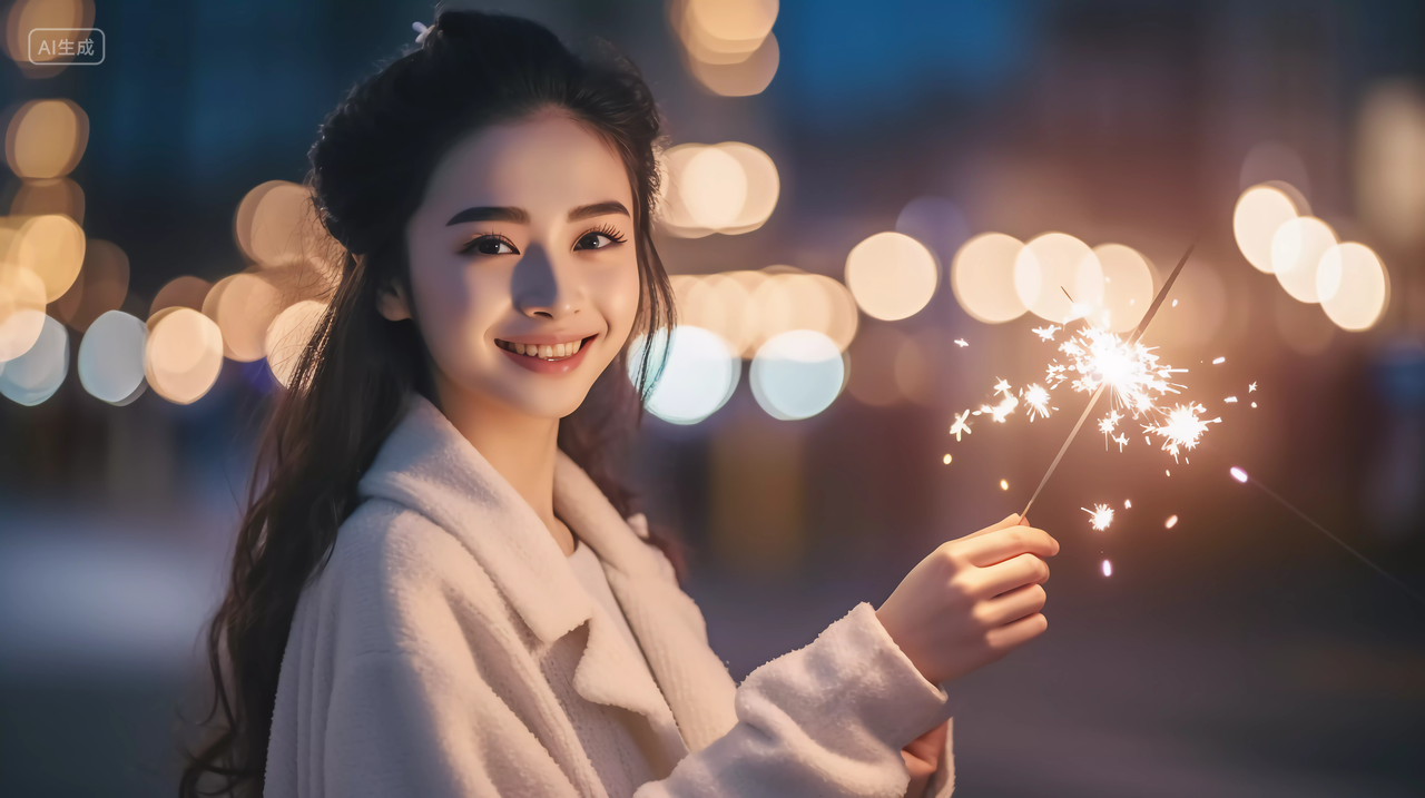 漂亮美女在夜晚放仙女棒玩烟花浪漫场景庆祝喜庆国庆节唯美壁纸