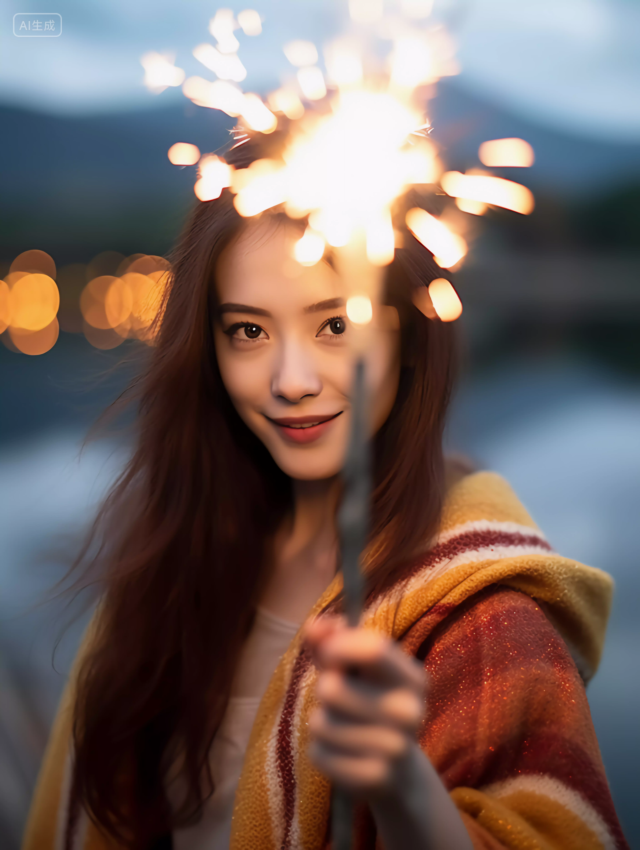 漂亮美女在夜晚放仙女棒玩烟花浪漫场景庆祝喜庆节唯美壁纸